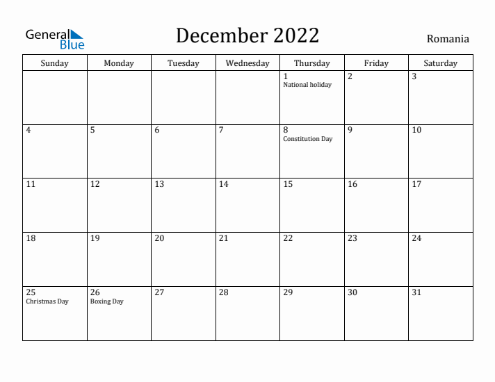 December 2022 Calendar Romania