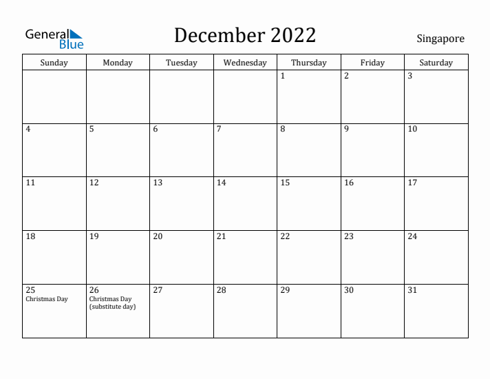 December 2022 Calendar Singapore