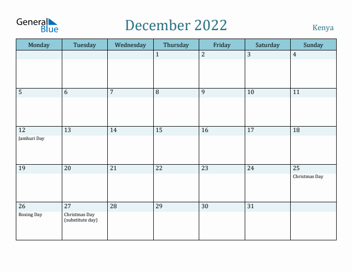 December 2022 Calendar with Holidays