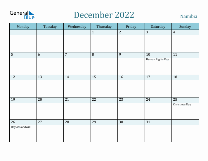 December 2022 Calendar with Holidays