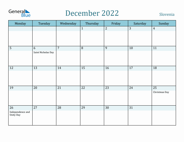 December 2022 Calendar with Holidays