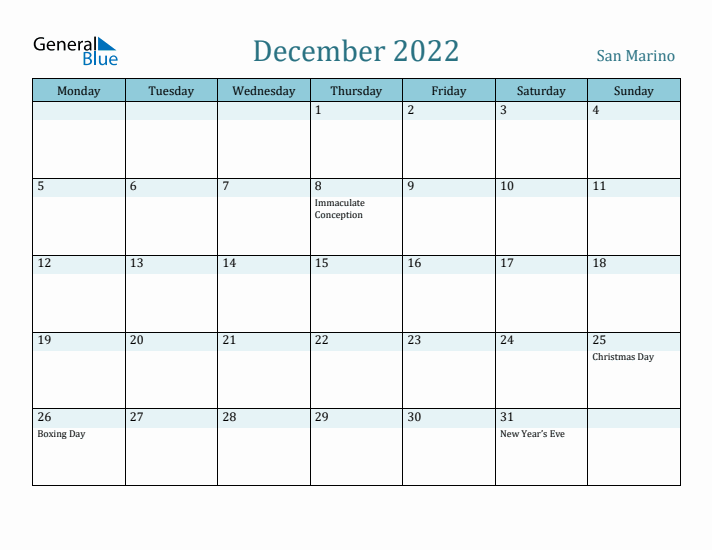 December 2022 Calendar with Holidays