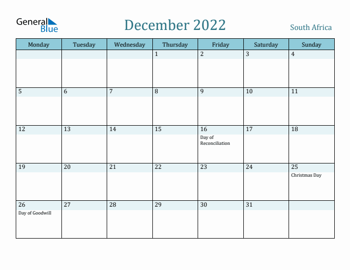 December 2022 Calendar with Holidays