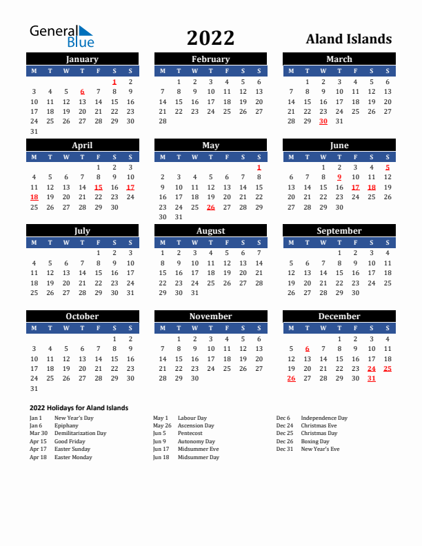 2022 Aland Islands Holiday Calendar