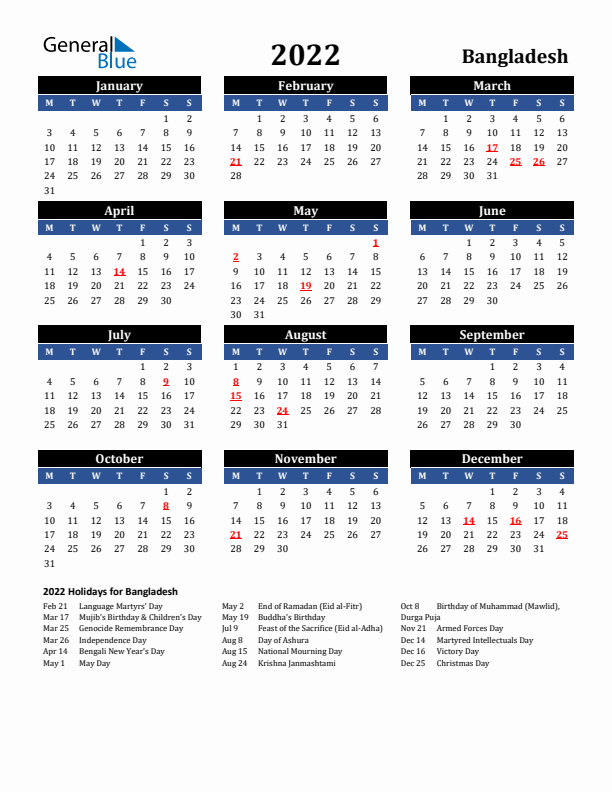 2022 Bangladesh Holiday Calendar