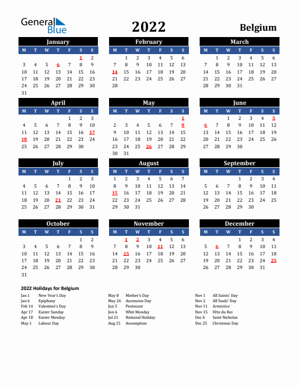 2022 Belgium Holiday Calendar