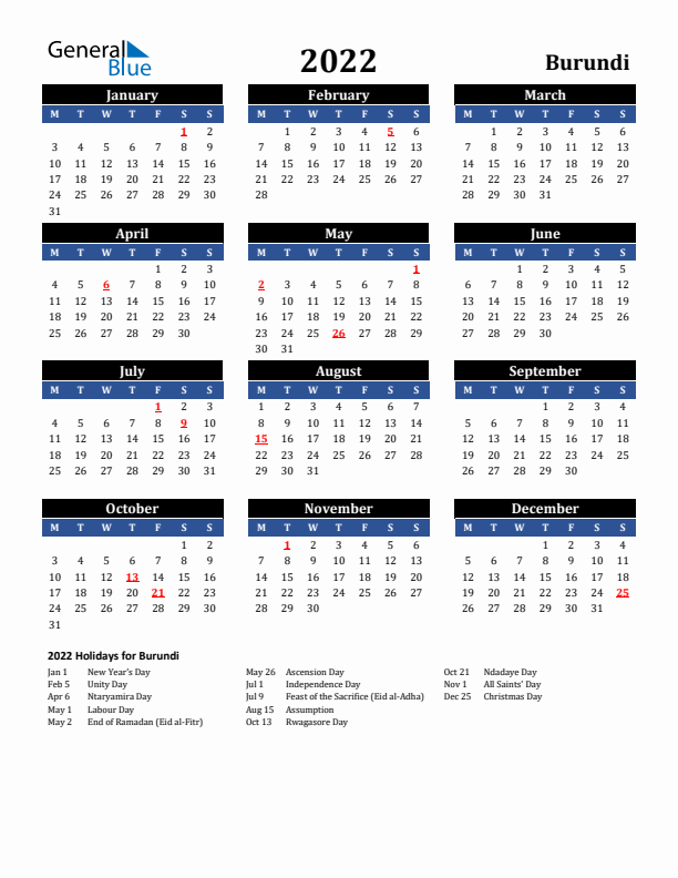 2022 Burundi Holiday Calendar