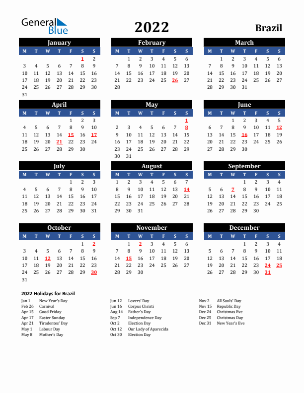 2022 Brazil Holiday Calendar