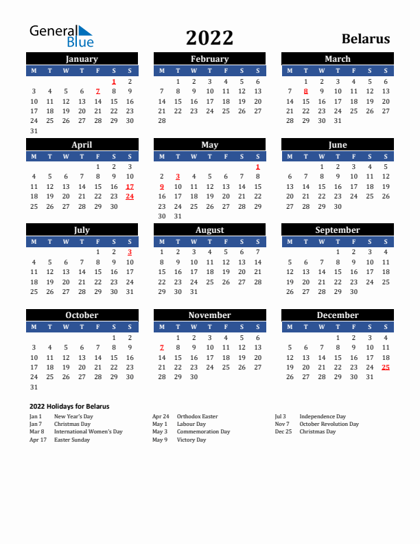 2022 Belarus Holiday Calendar