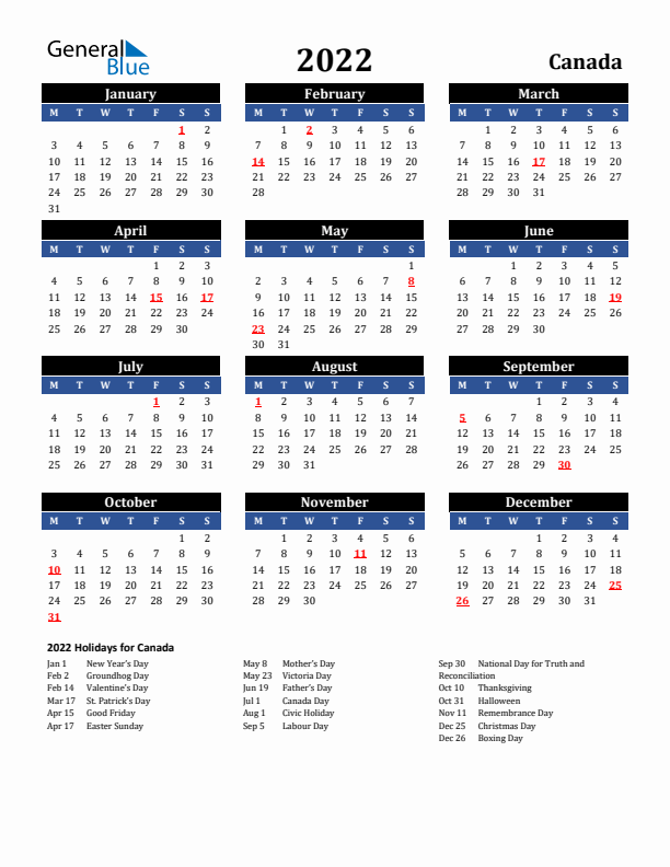 2022 Canada Holiday Calendar