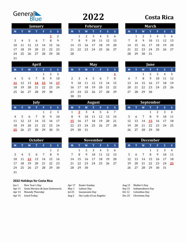 2022 Costa Rica Holiday Calendar