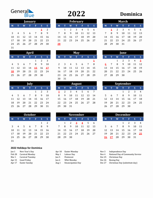 2022 Dominica Holiday Calendar