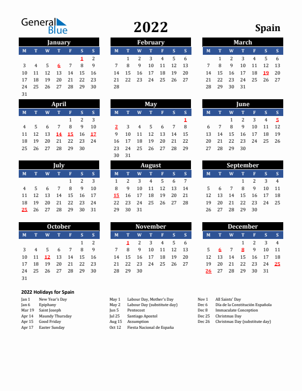 2022 Spain Holiday Calendar