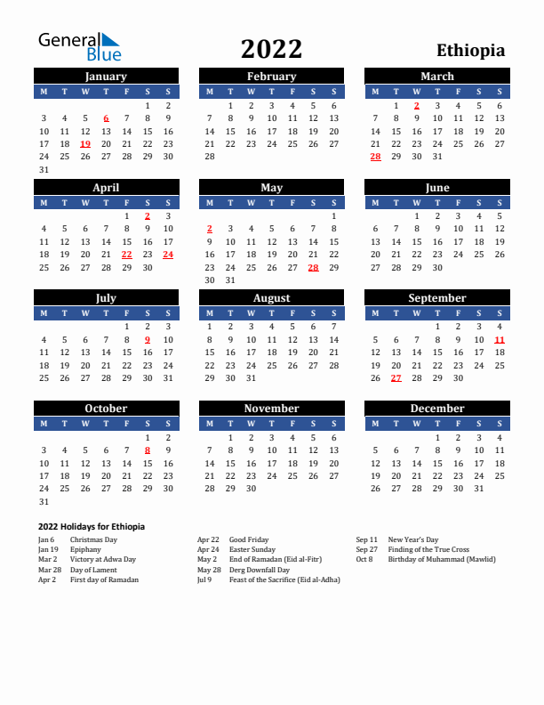 2022 Ethiopia Holiday Calendar