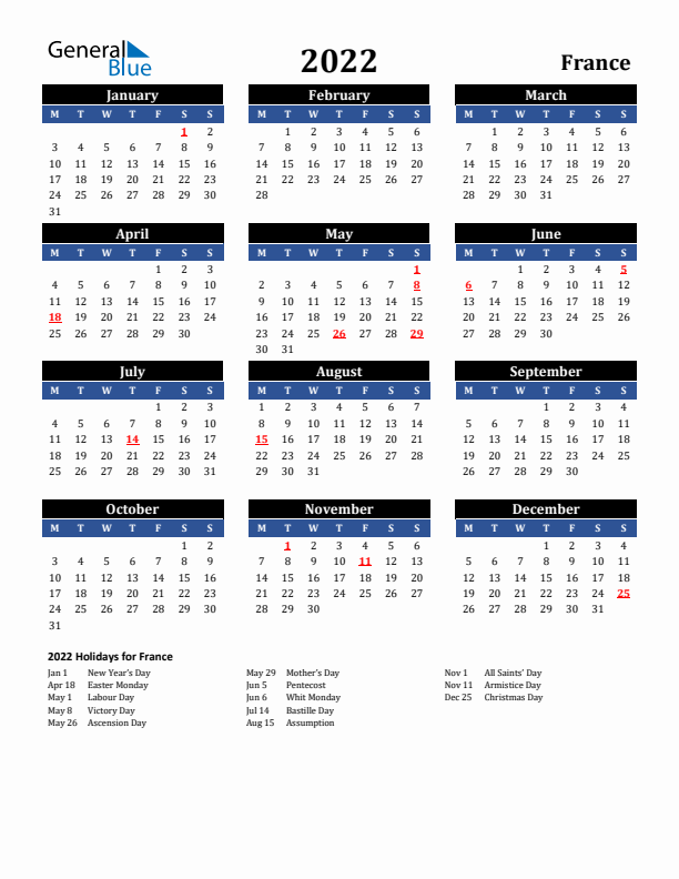 2022 France Holiday Calendar