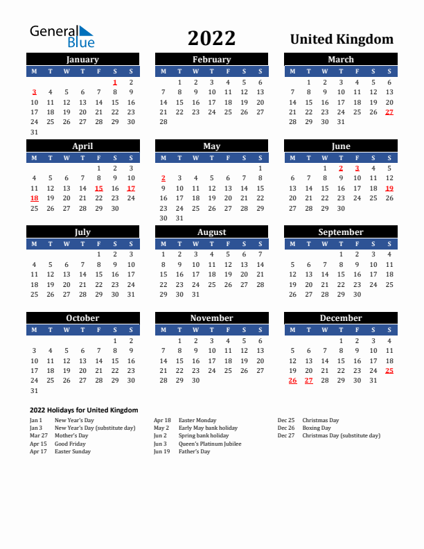 2022 United Kingdom Holiday Calendar