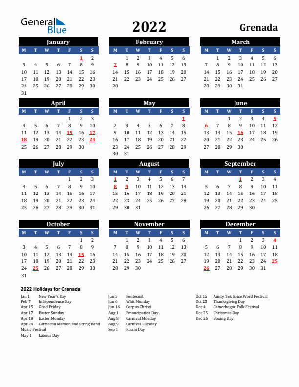 2022 Grenada Holiday Calendar