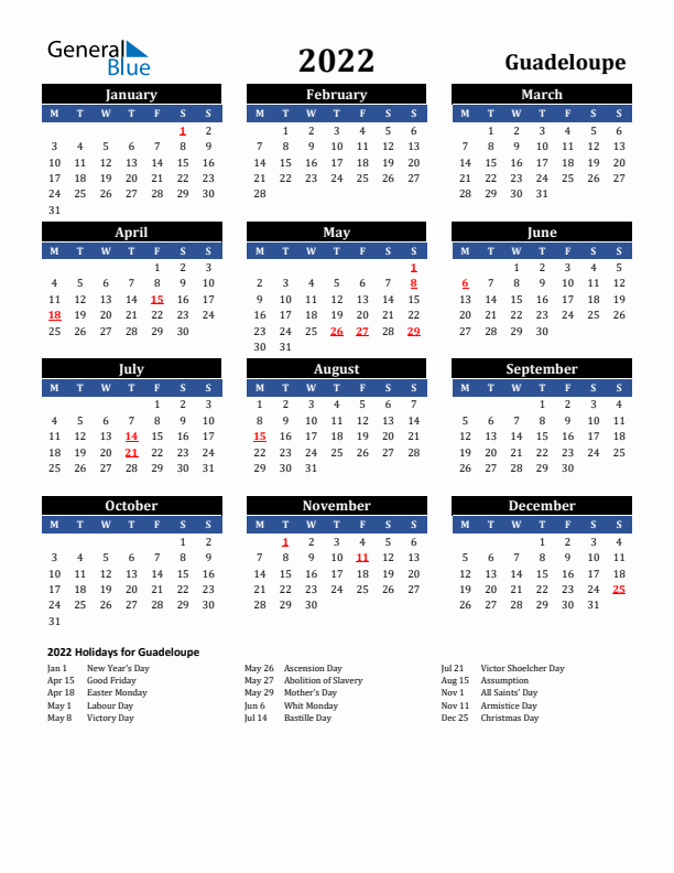 2022 Guadeloupe Holiday Calendar