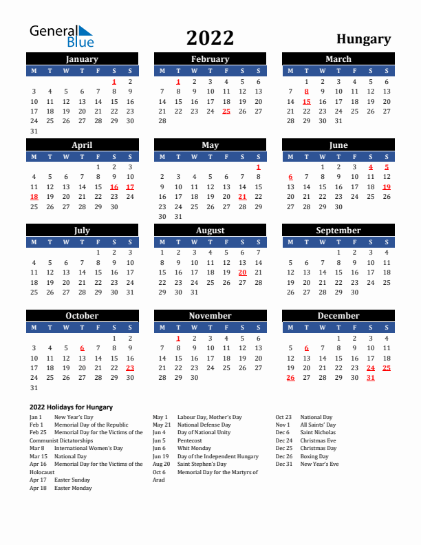 2022 Hungary Holiday Calendar