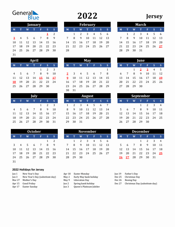 2022 Jersey Holiday Calendar