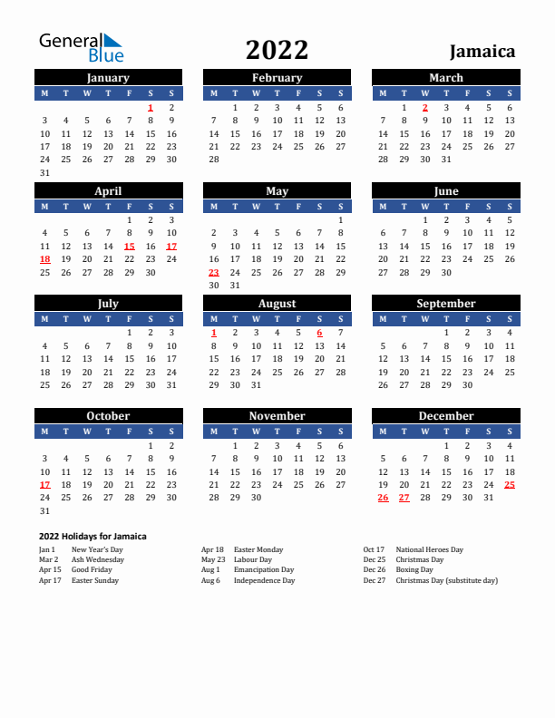 2022 Jamaica Holiday Calendar