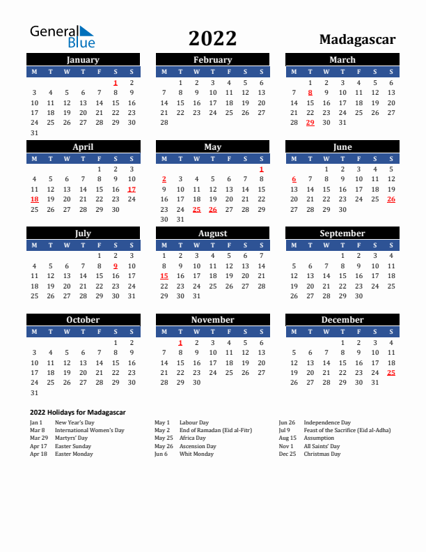 2022 Madagascar Holiday Calendar