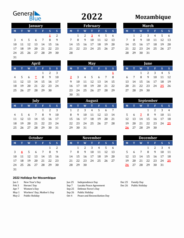 2022 Mozambique Holiday Calendar