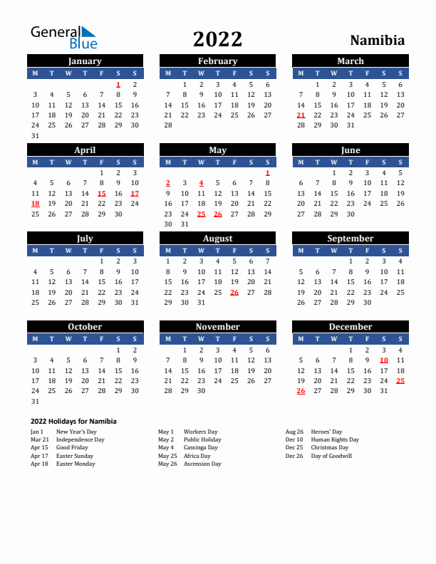 2022 Namibia Holiday Calendar