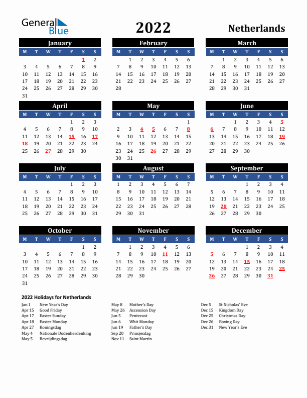 2022 The Netherlands Holiday Calendar