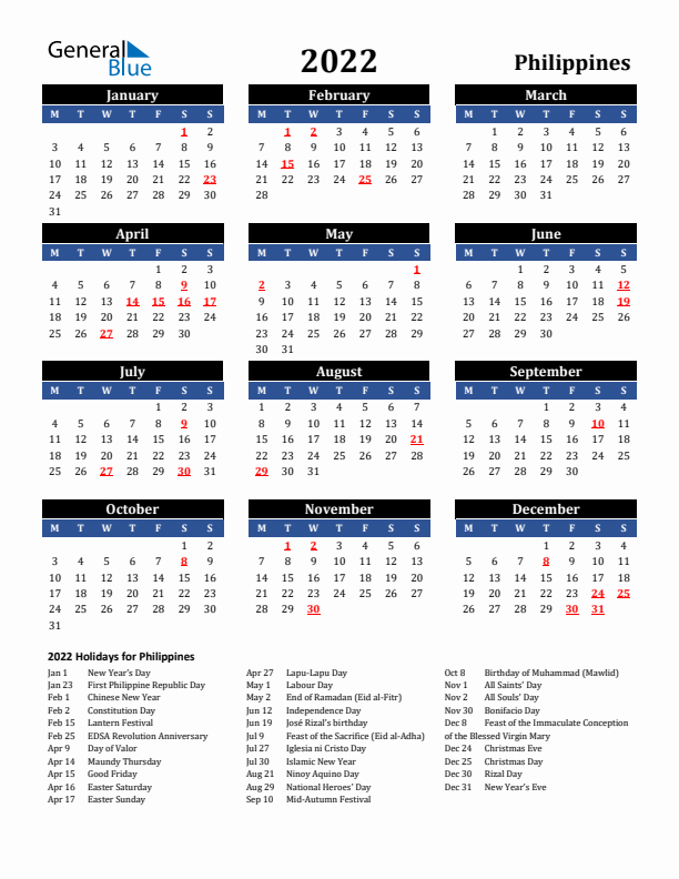 2022 Philippines Holiday Calendar