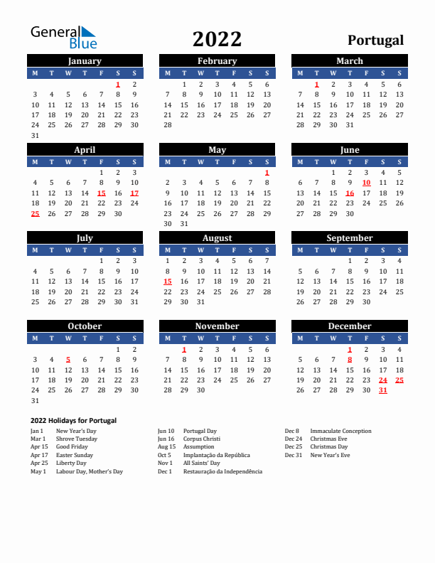 2022 Portugal Holiday Calendar