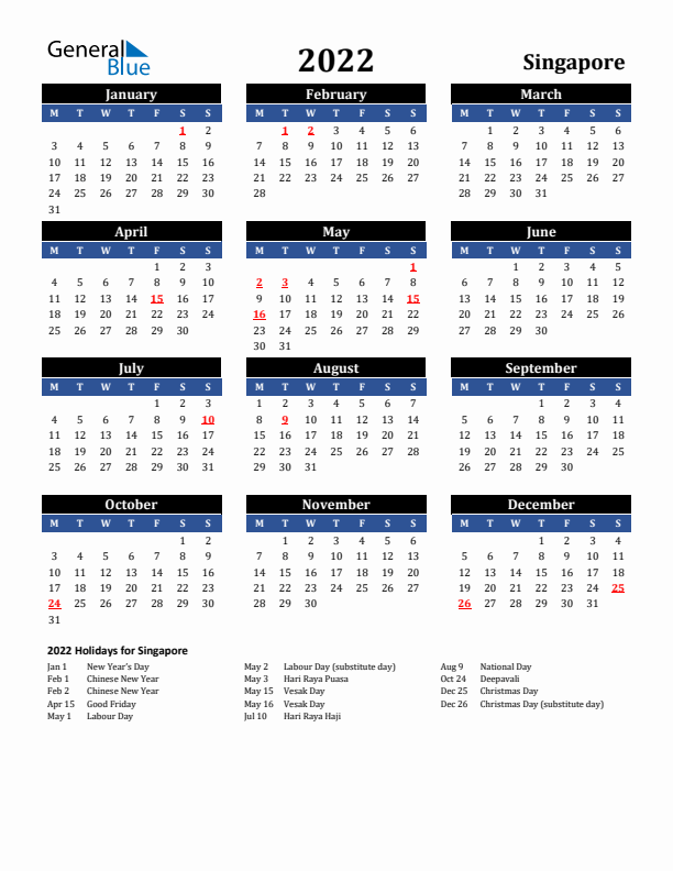 2022 Singapore Holiday Calendar