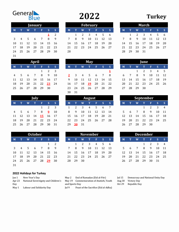 2022 Turkey Holiday Calendar