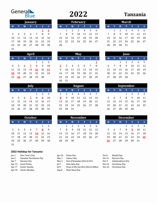 2022 Tanzania Holiday Calendar