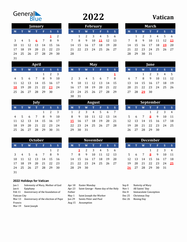 2022 Vatican Holiday Calendar