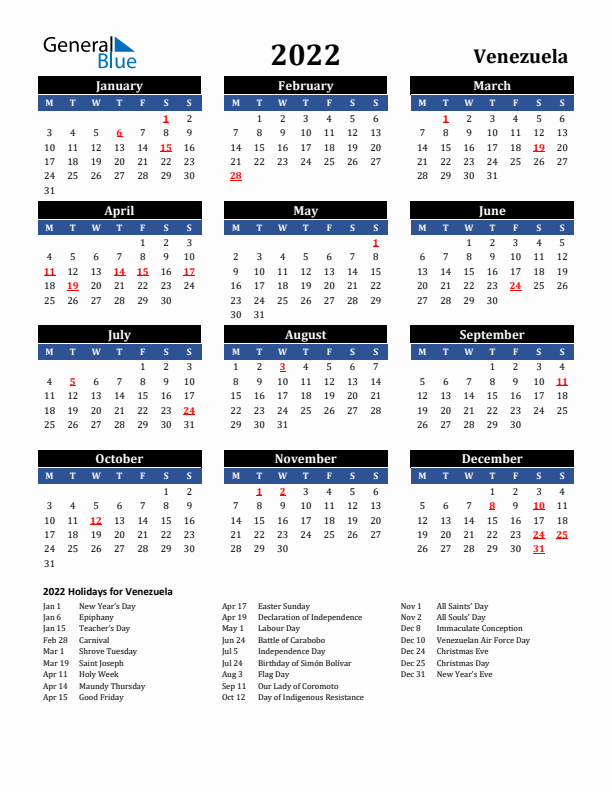 2022 Venezuela Holiday Calendar