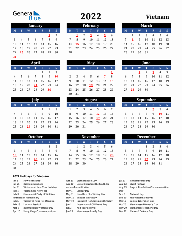 2022 Vietnam Holiday Calendar