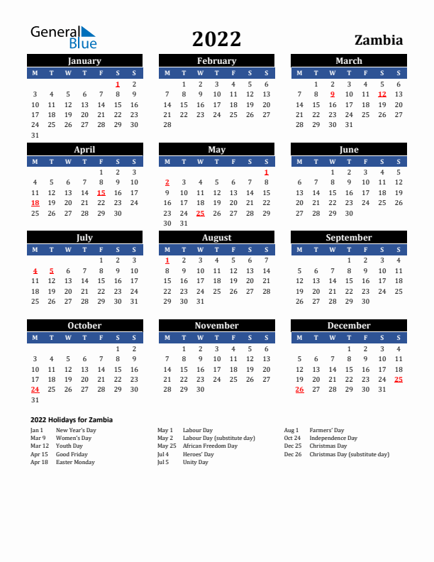 2022 Zambia Holiday Calendar