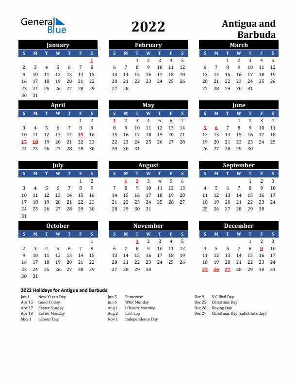 2022 Antigua and Barbuda Holiday Calendar