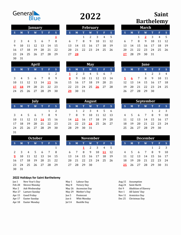 2022 Saint Barthelemy Holiday Calendar