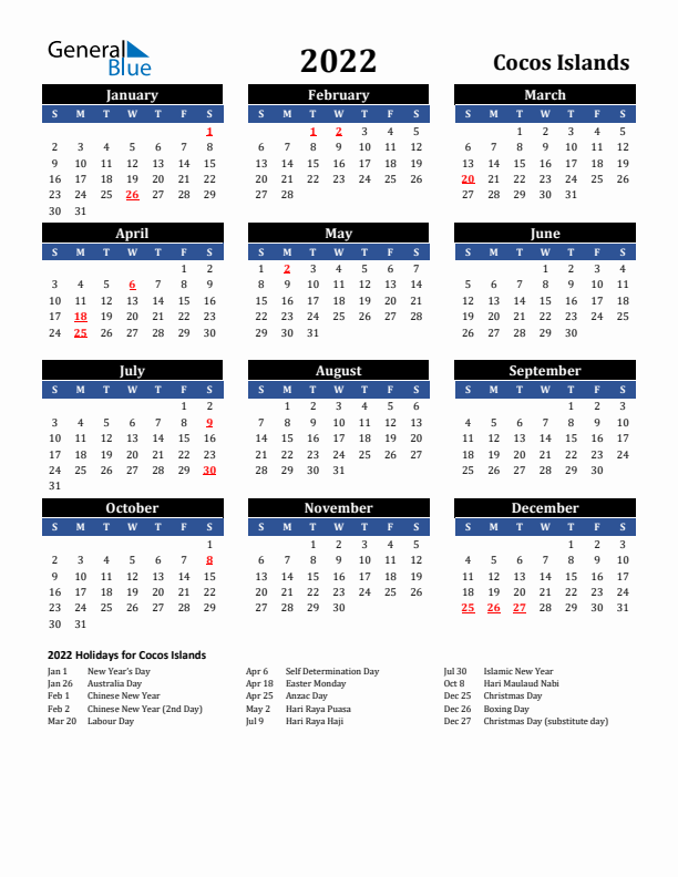 2022 Cocos Islands Holiday Calendar