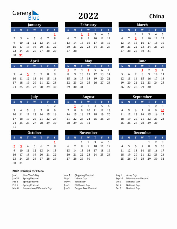 2022 China Holiday Calendar