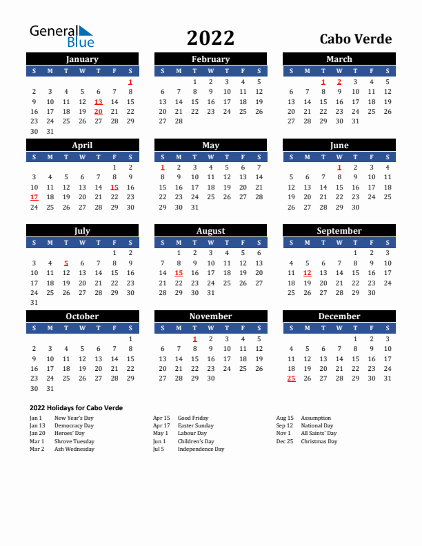 2022 Cabo Verde Holiday Calendar