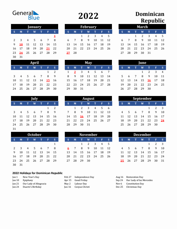 2022 Dominican Republic Holiday Calendar