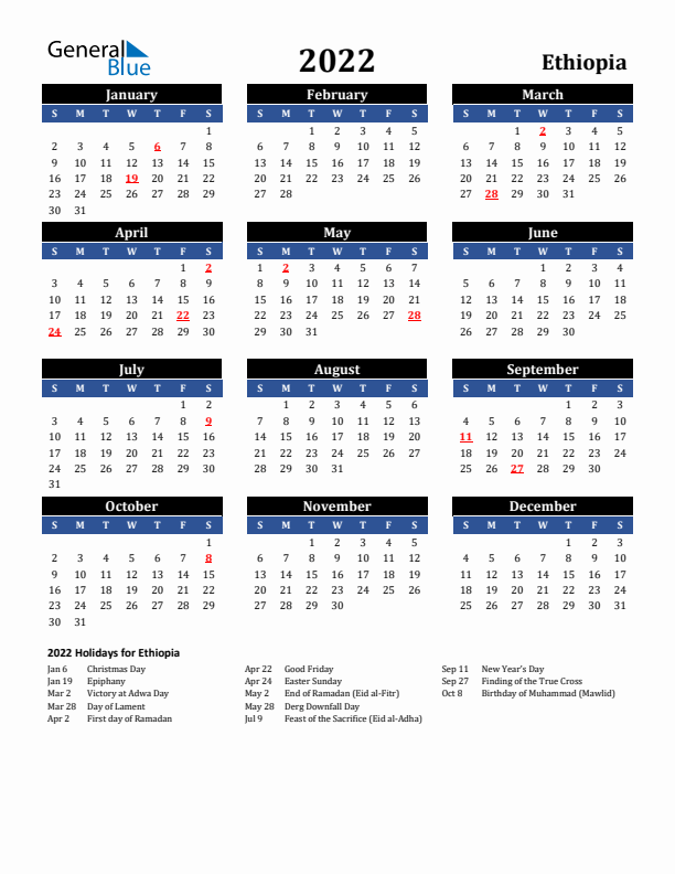 2022 Ethiopia Holiday Calendar