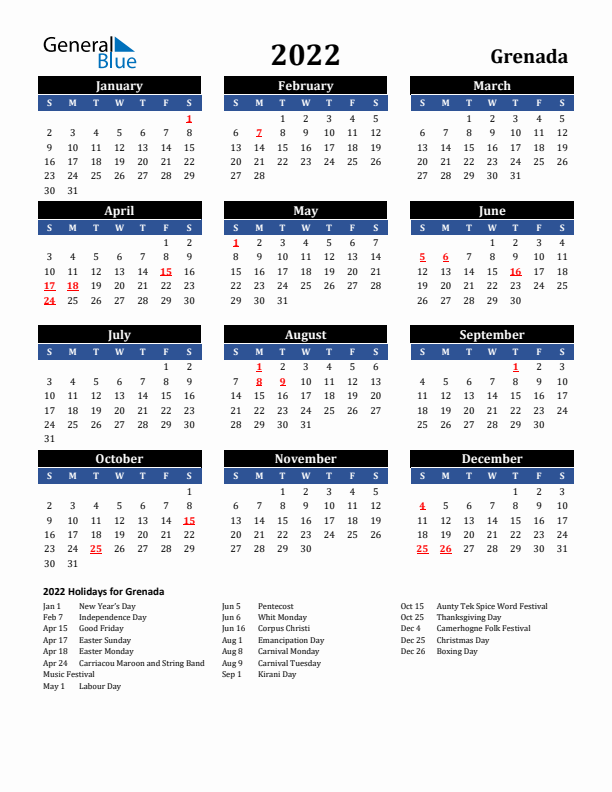 2022 Grenada Holiday Calendar