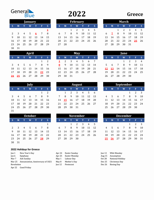 2022 Greece Holiday Calendar