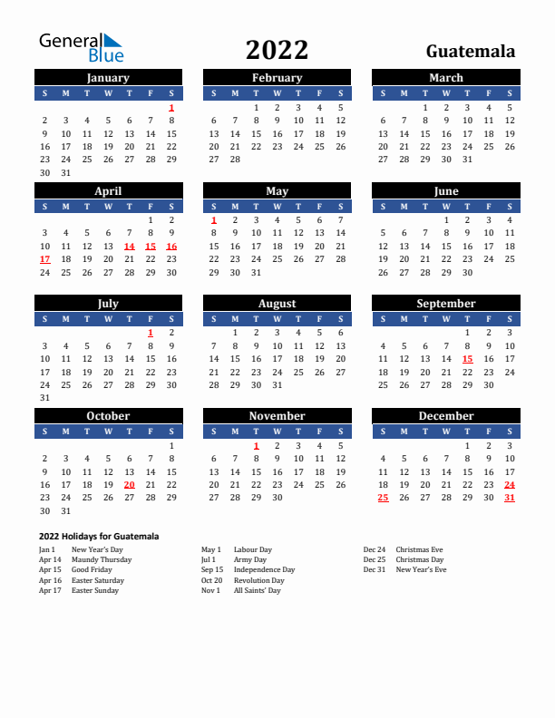 2022 Guatemala Holiday Calendar