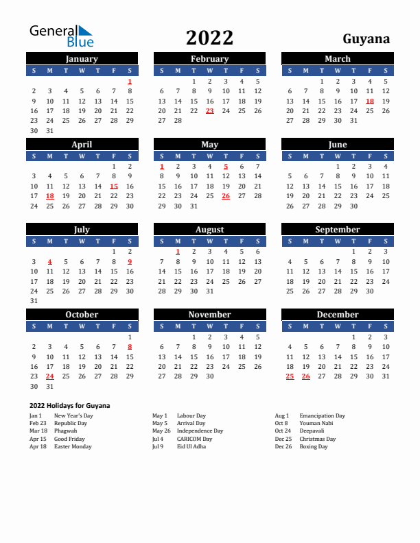 2022 Guyana Holiday Calendar