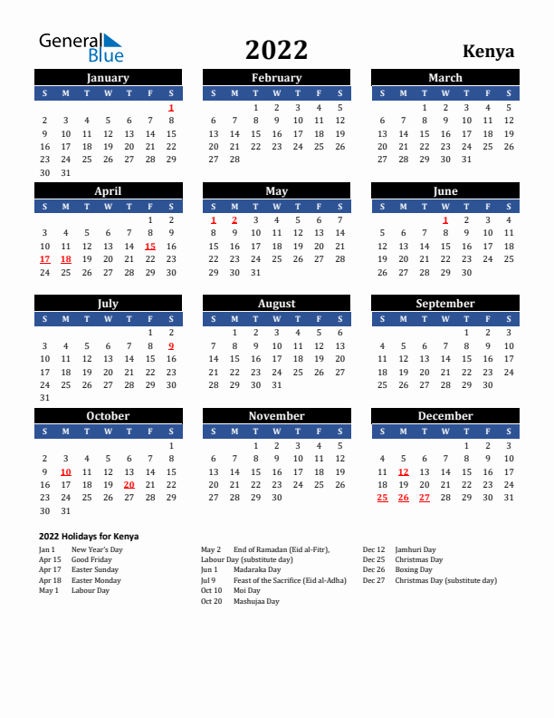 2022 Kenya Holiday Calendar